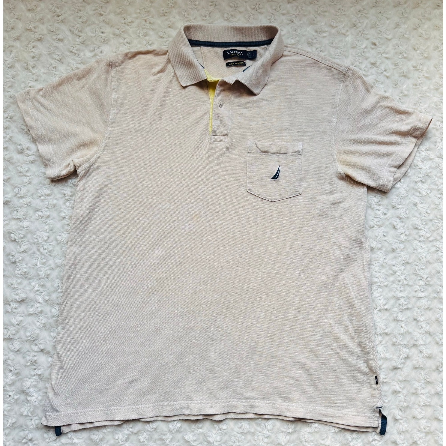 Nautica Mens Ivory Cotton Pocket Preppy Boating Polo Shirt Sz Medium Large